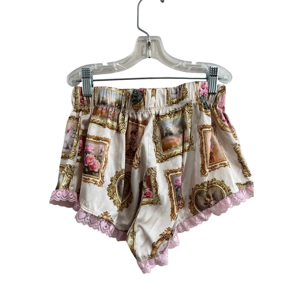 Sugar Thrillz Satin Print Lounge Shorts Coquette Lace Trim Y2K Size S Cute